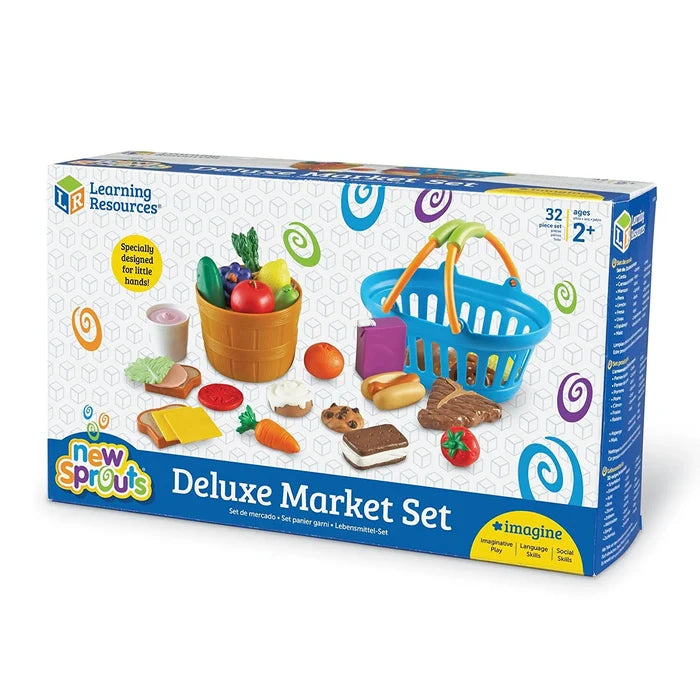 Toy food set box showing a blue basket, produce crate, and variety of colorful plastic play foods for toddlers.