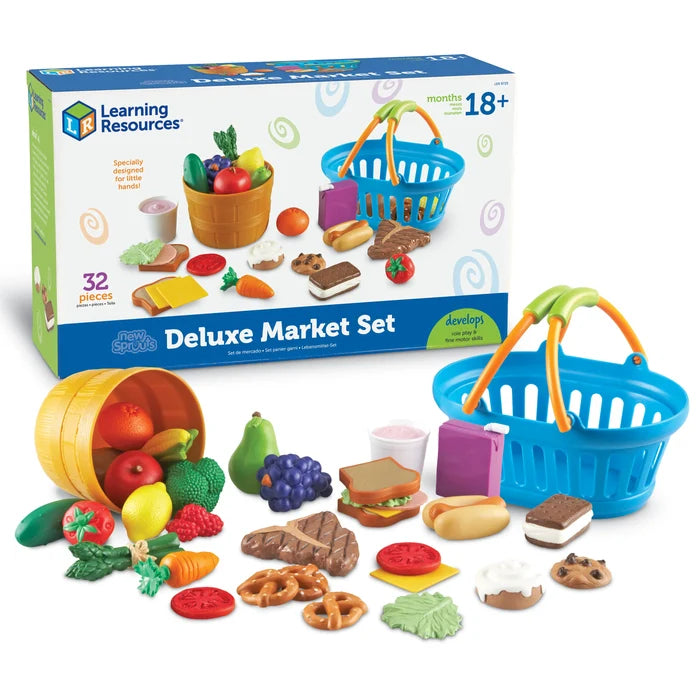 32-piece colorful play food set with baskets, produce, and snacks, pictured with its white and blue product box.