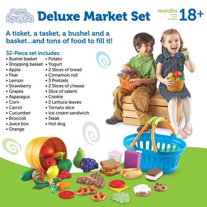 Two children playing with a 32-piece toy food set featuring colorful plastic groceries and two baskets.