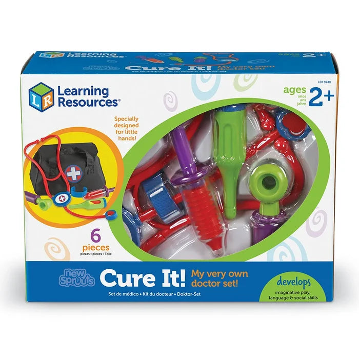 Colorful 6-piece toy doctor set in box with red stethoscope, green syringe, purple thermometer and black bag. Ages 2+.