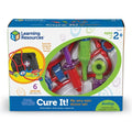 Colorful 6-piece toy doctor set in box with red stethoscope, green syringe, purple thermometer and black bag. Ages 2+.