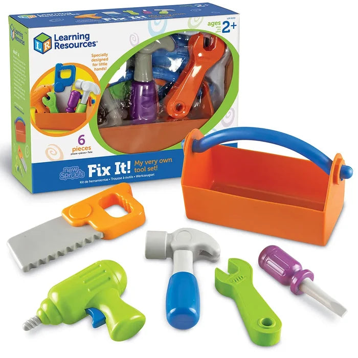 Colorful 6-piece toddler tool set with an orange toolbox, chunky saw, drill, hammer, wrench, and screwdriver.