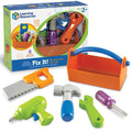 Colorful 6-piece toddler tool set with an orange toolbox, chunky saw, drill, hammer, wrench, and screwdriver.