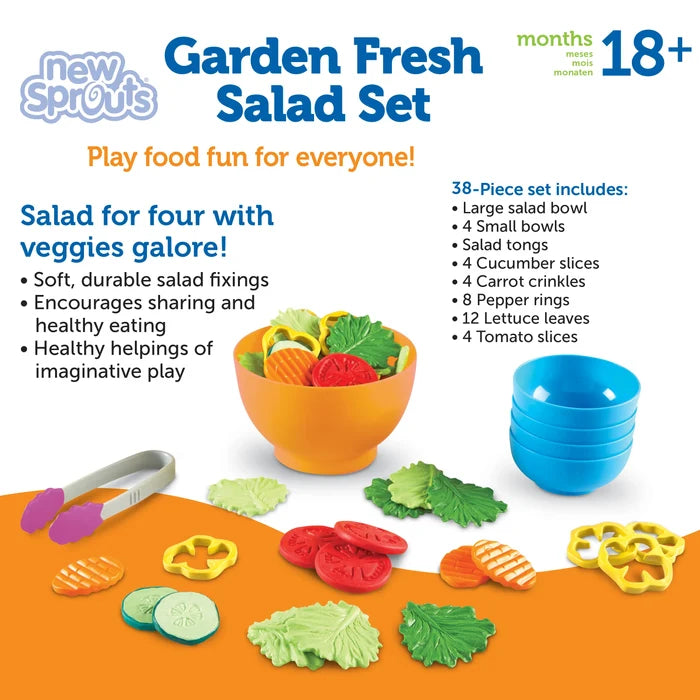 Colorful play food salad set with an orange bowl, blue bowls, tongs, and assorted realistic plastic vegetables.