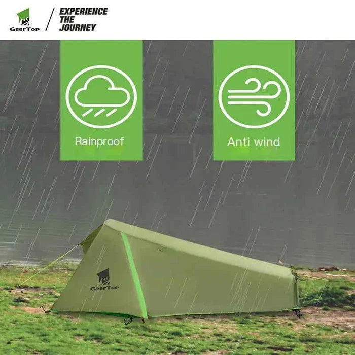 Mead's Supply waterproof pyramid tent in army green, lightweight single-person camping shelter for outdoor adventures.