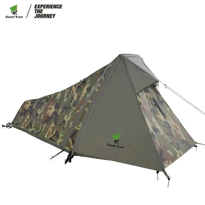 Mead's Supply waterproof pyramid tent in army green, lightweight single-person camping shelter ideal for outdoor adventures.