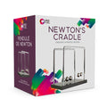 White and purple box for a Newton's Cradle with a silver metal toy on a black base and colorful abstract graphics.
