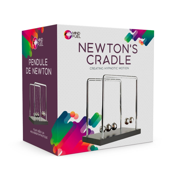 White and purple box for a Newton's Cradle with a silver metal toy on a black base and colorful abstract graphics.