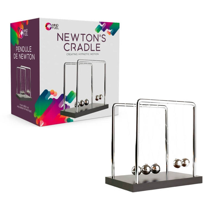 Chrome desktop pendulum with five silver spheres on a black base next to a colorful branded gift box.