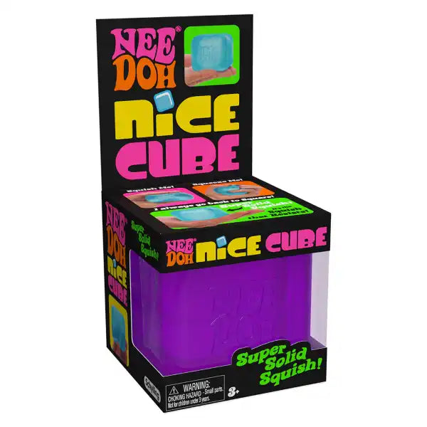 Purple squishy cube inside a black display box with vibrant pink, yellow, and blue text and product illustrations.