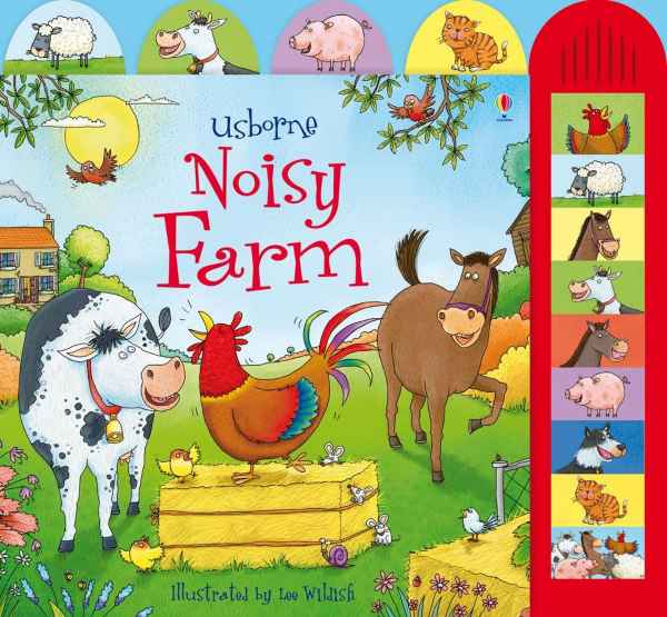 Noisy Farm children's book featuring cartoon animals and a red side panel with 10 animal sound buttons.