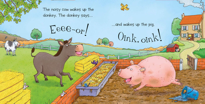 Bright farm scene from a book featuring a gray donkey, pink pig, and cow with animal sound text.