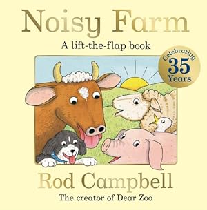 Yellow book cover featuring an illustrated cow, sheep, pig and dog with gold text and a 35th-anniversary seal.
