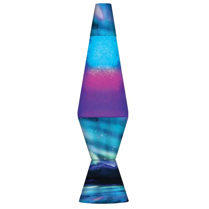 Lava lamp with a mountain and aurora print on the base and cap, containing blue and purple glitter in a glass bottle.