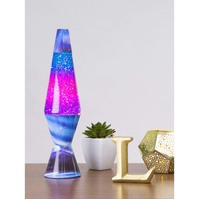 Glitter lava lamp with a blue and purple galaxy base and sparkling pink to blue gradient liquid.