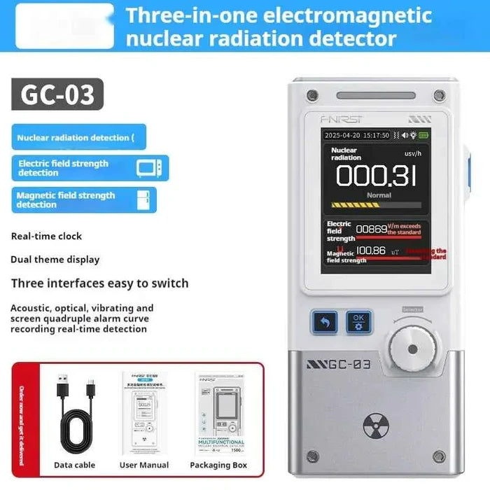 Mead's Supply & Equipment nuclear radiation detector with Geiger tube, 2.4-inch color screen, electromagnetic detection, and dose alarm.