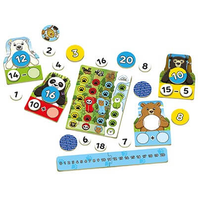 Educational math game with bear character cards, circular number tiles, a number line, and a colorful game board.