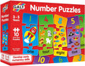 Red box for Galt Number Puzzles with colorful 3-piece sets matching digits, illustrations, and number words.