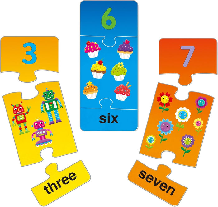 Yellow, blue, and orange three-piece number puzzles with matching robots, cupcakes, flowers, and number words.