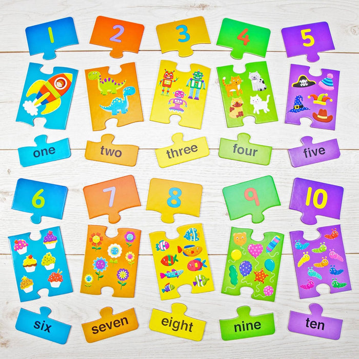Vibrant 3-piece number puzzles 1-10 featuring numerals, matching object illustrations, and written number words.