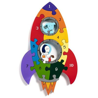 Vibrant rocket-shaped jigsaw with pieces numbered 1-10, featuring a blue dog and an astronaut in circular windows.