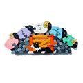 Five colorful sheep numbered 1-5 in Irish jump over a stone wall and orange gate with a black and white sheepdog.