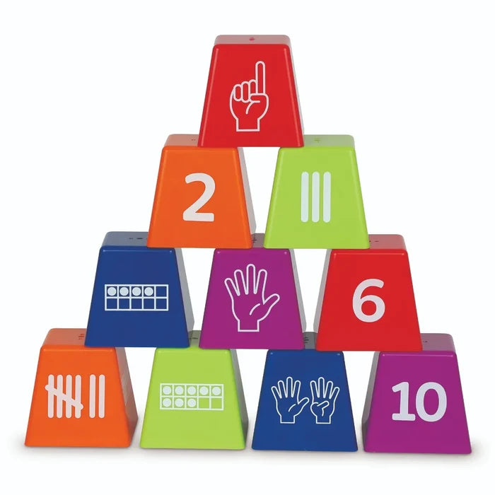 Ten colorful trapezoidal blocks in a pyramid showing numbers, ten-frames, finger icons, and tally marks.