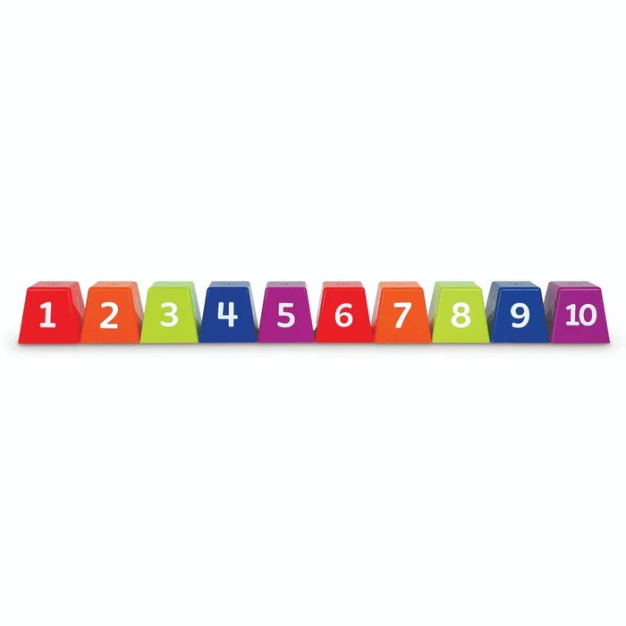 Ten colorful trapezoid blocks numbered 1 to 10 in a row, with repeating red, orange, green, blue, and purple colors.