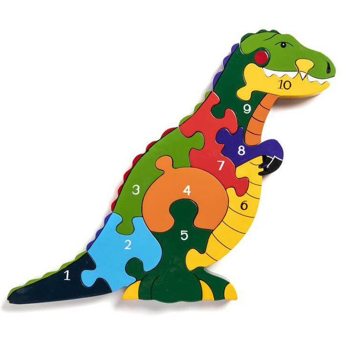 Colorful wooden dinosaur puzzle with 10 interlocking pieces numbered 1 to 10.