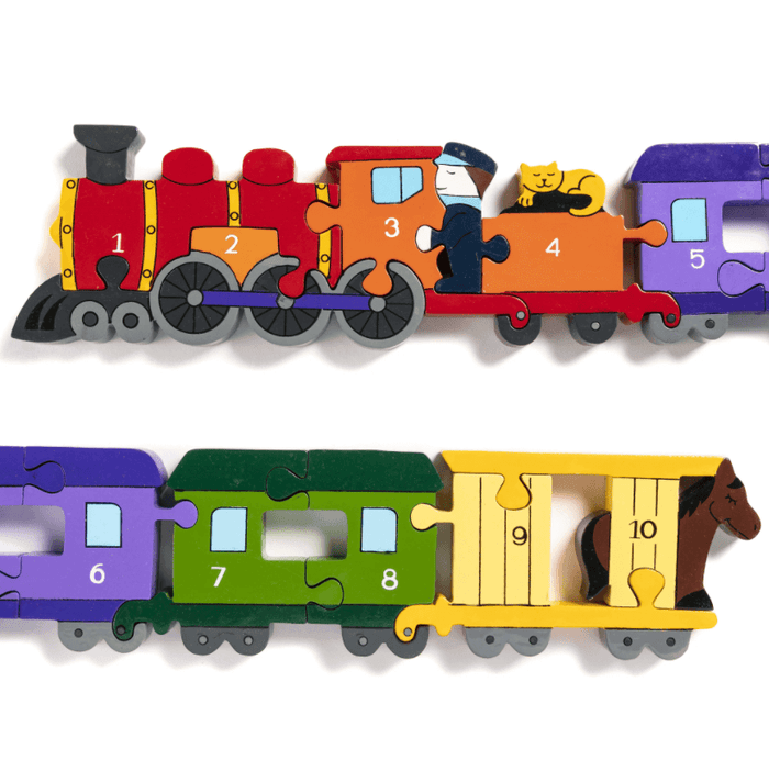 Colorful wooden train jigsaw puzzle with numbered pieces 1-10, featuring a conductor, sleeping cat, and a brown horse.