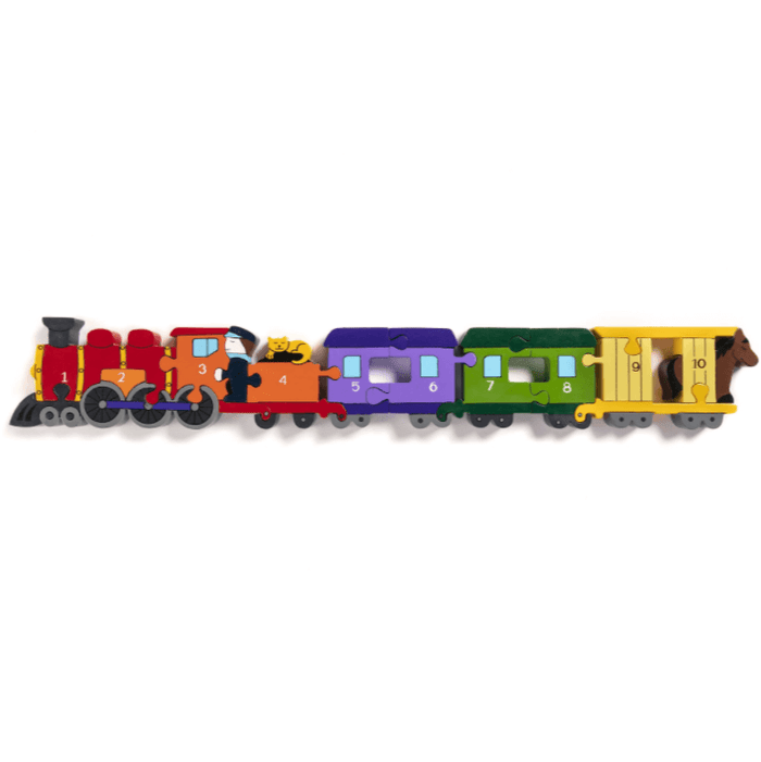 Colorful wooden train jigsaw with numbered pieces 1 to 10, featuring an engineer, a cat, and a horse.