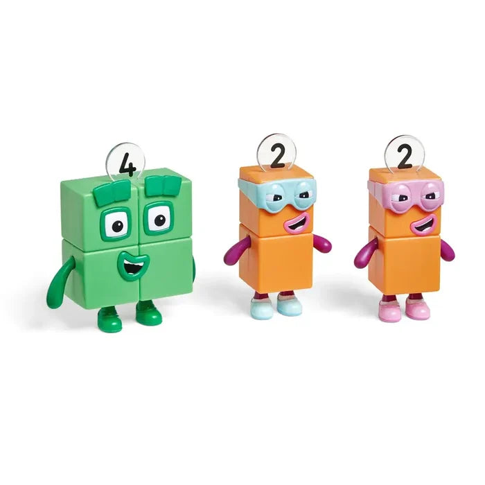 Green square Numberblock 4 next to two orange Numberblock Twos wearing blue and purple superhero masks.
