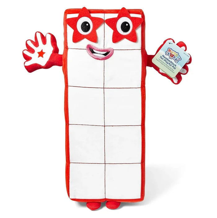 Rectangular white plush toy with ten blocks, red trim, red star eyes, smiling face, and red arms with a star on one hand.