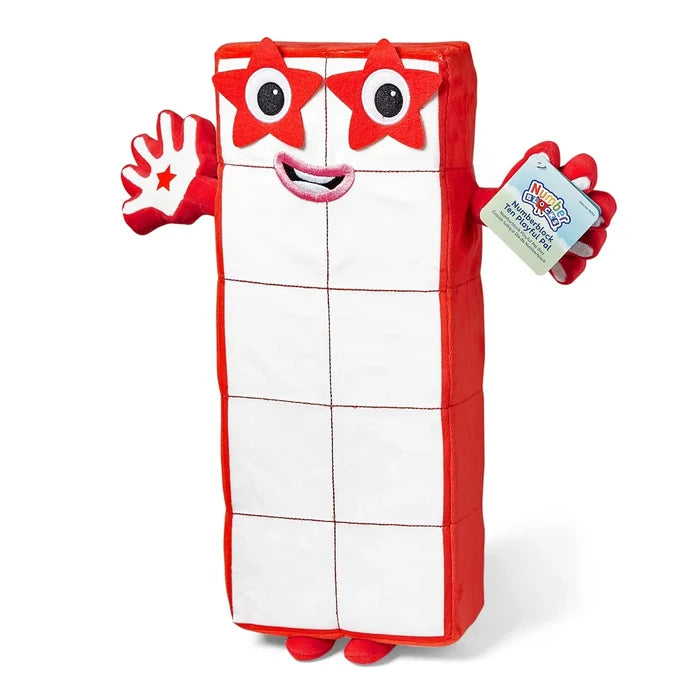 Rectangular red and white plush toy with ten segments, star-shaped eyes, a smiling face, and small red limbs.