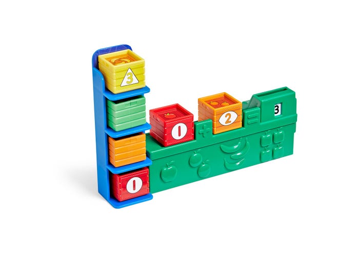 Colorful plastic toy math set with a blue rack, green fruit base, and numbered crate blocks for addition play.