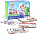 Blue box with colorful Numberblocks character puzzles showing math equations on two-piece cardboard jigsaw cards.