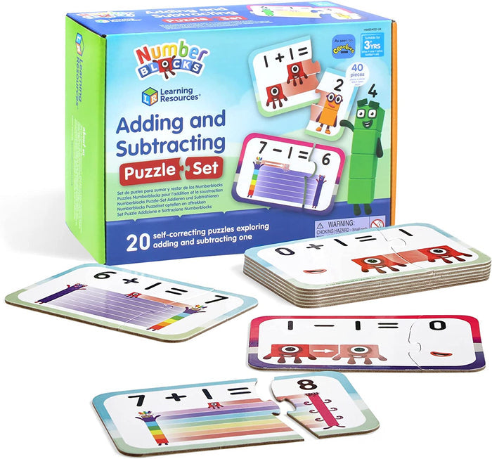 Blue box with colorful Numberblocks character puzzles showing math equations on two-piece cardboard jigsaw cards.