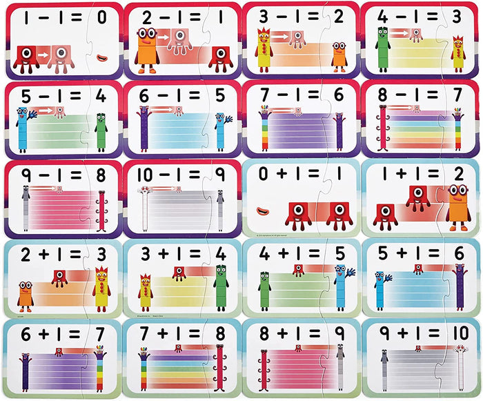 20 colorful two-piece math puzzles featuring Numberblocks characters and simple addition and subtraction equations.