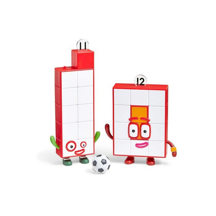 Red and white block figures Eleven and Twelve with cartoon faces, standing beside a small toy soccer ball.