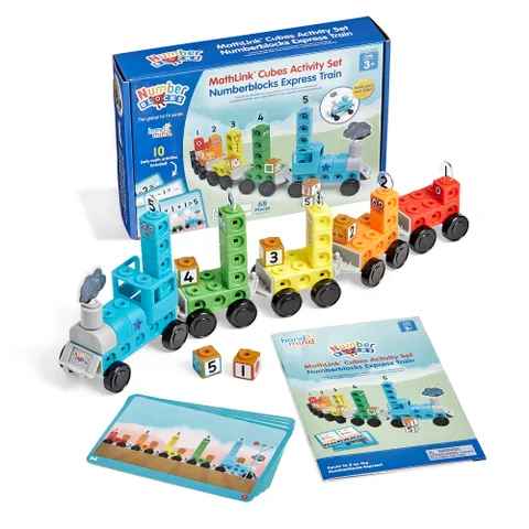 Colorful toy train made of linking cubes with activity cards, numbered blocks, and blue retail box.