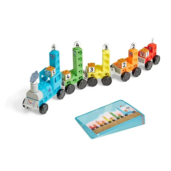 Colorful toy train featuring numbered blocks with character faces and a stack of activity cards.