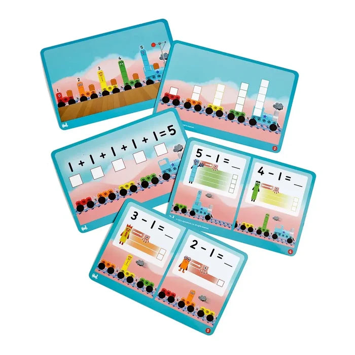 Five blue activity cards featuring colorful block characters on trains with simple addition and subtraction problems.