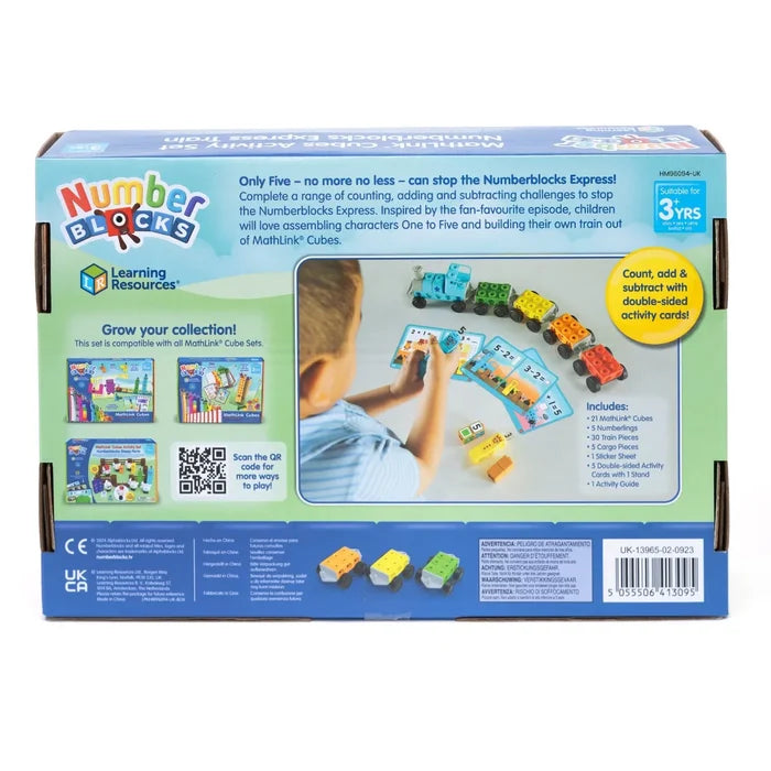 Back of a toy box featuring a child playing with colorful MathLink cubes, a train set, and math activity cards.