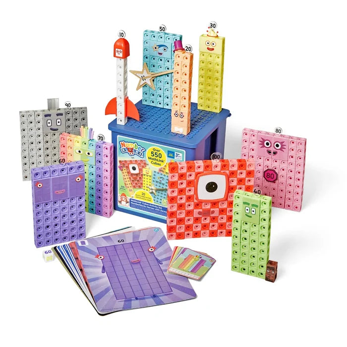 Colorful Numberblocks characters built from snap cubes with faces, activity cards, and a blue storage bin.