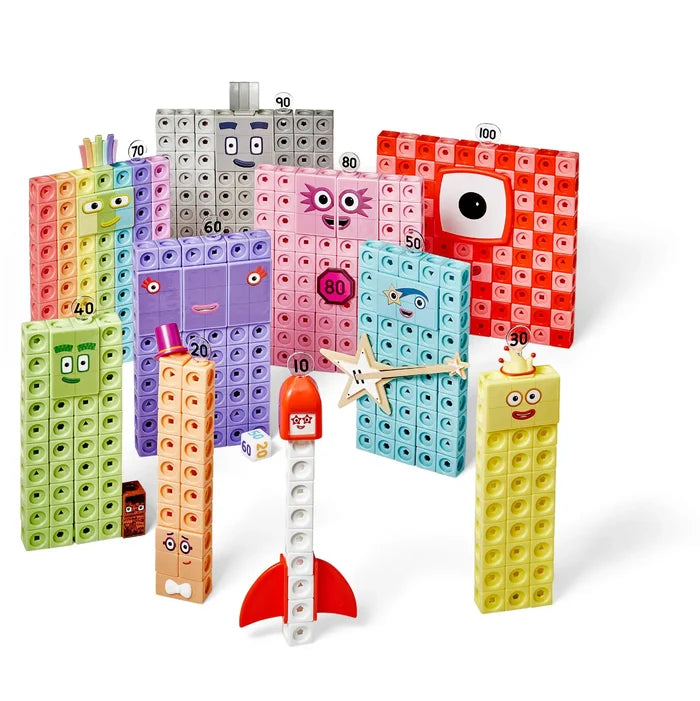 Numberblocks characters 10-100 built from colorful interlocking cubes with character faces and accessories.