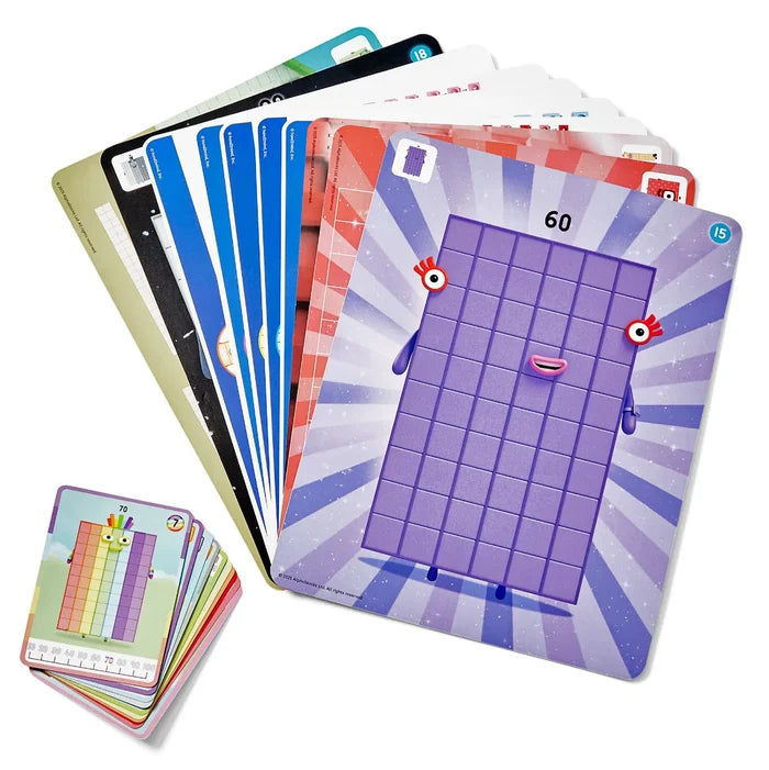 Colorful Numberblocks activity cards featuring character 60 on a large purple card and a smaller stack of number cards.