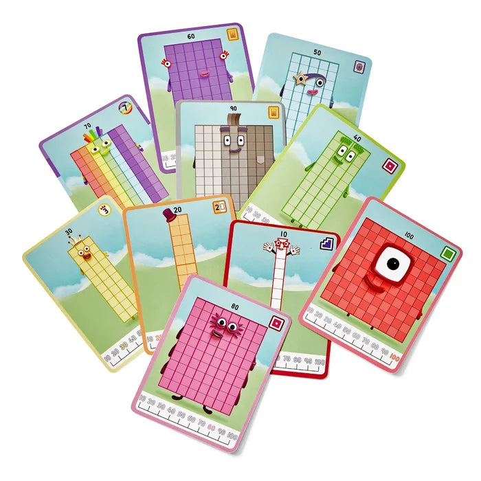 Colorful activity cards featuring block characters for numbers 10 through 100 fanned out on a white background.