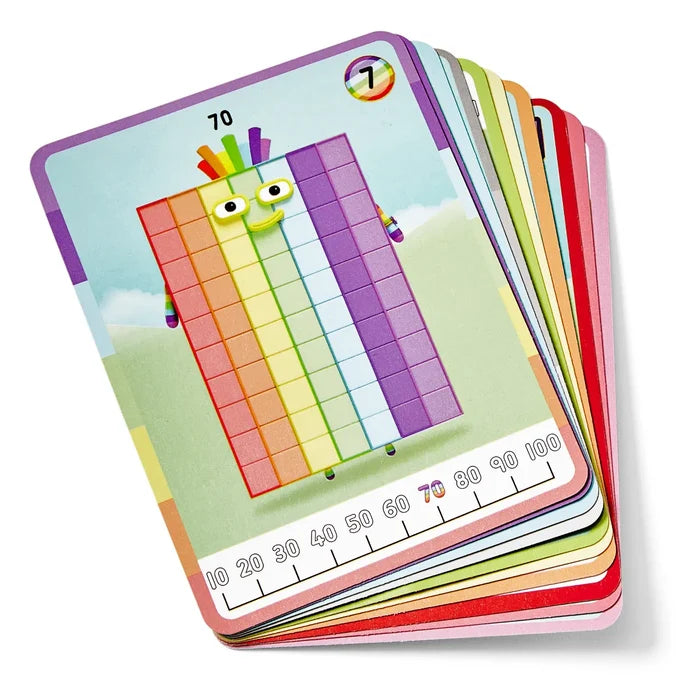 Stack of colorful activity cards; top card shows a rainbow-colored block character and a number line from 10 to 100.
