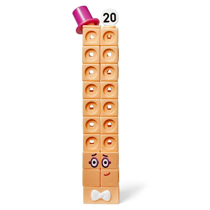 Peach toy figure made of 20 cubes with a pink top hat, glasses, white bowtie, and a number 20 on top.