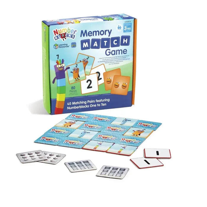 Blue game box and square tiles featuring colorful block characters, numerals, and patterns on a white background.